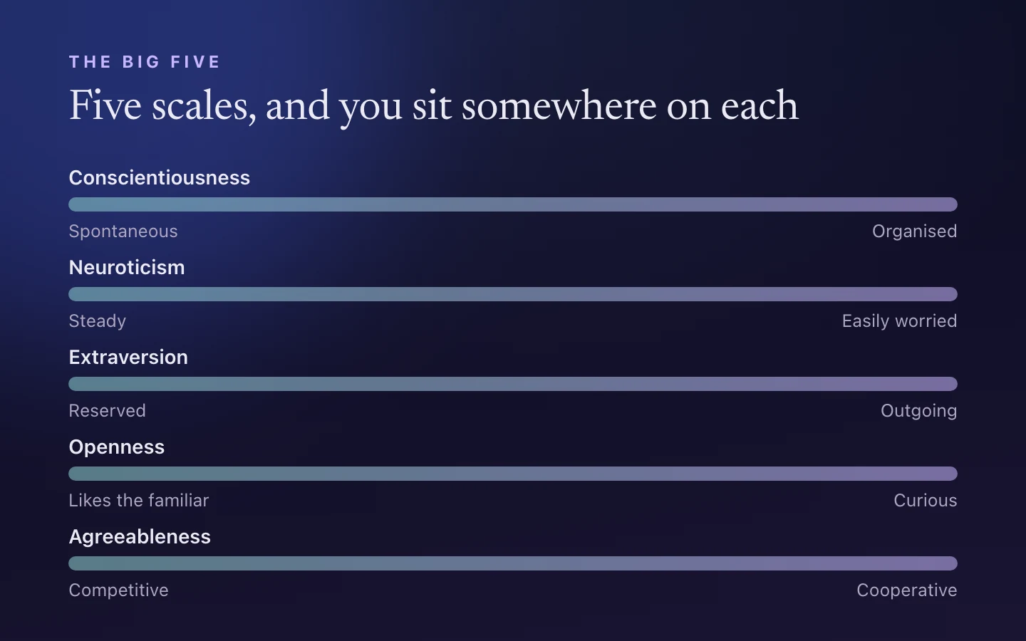The five traits drawn as scales: conscientiousness from spontaneous to organised, neuroticism from steady to easily worried, extraversion from reserved to outgoing, openness from likes the familiar to curious, agreeableness from competitive to cooperative.