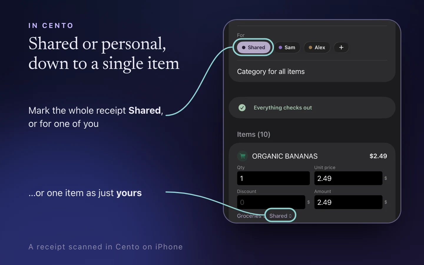 A receipt scanned in Cento on iPhone. The receipt is marked Shared, with Sam and Alex as other choices, and a single item has its own Shared picker so it can be set to one person.